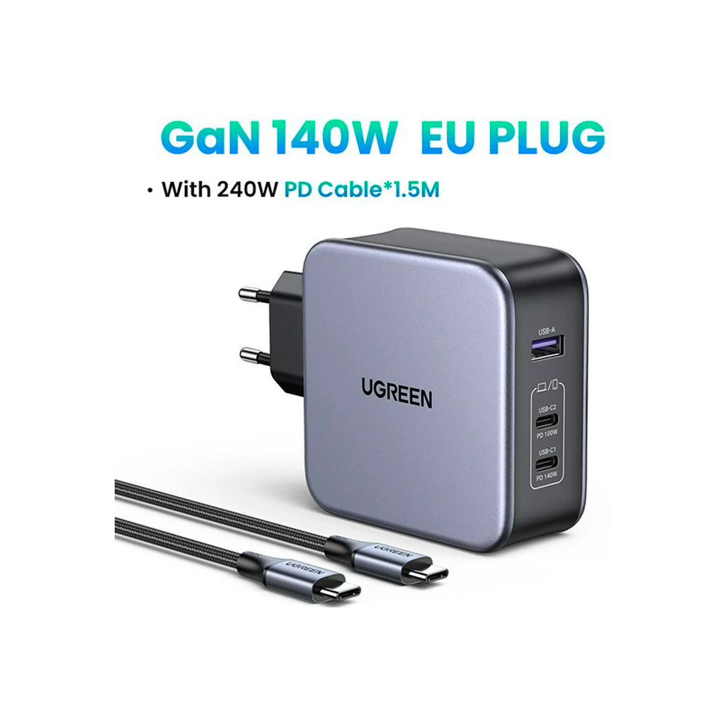 Зарядний пристрій Ugreen 3xUSB 140W (2хUSB-C+USB-A) Gan CD289 with C to C Cable 1.5m (90549) - зображення 3