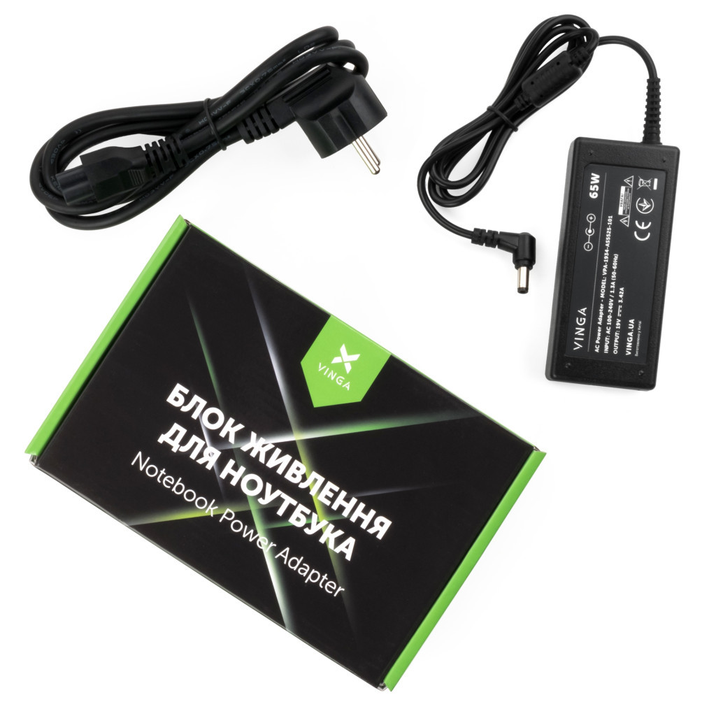 Блок живлення до ноутбуку Vinga ASUS 65W 19V 3,42A 5.5*2.5 (VPA-1934-AS5525-101) - зображення 1