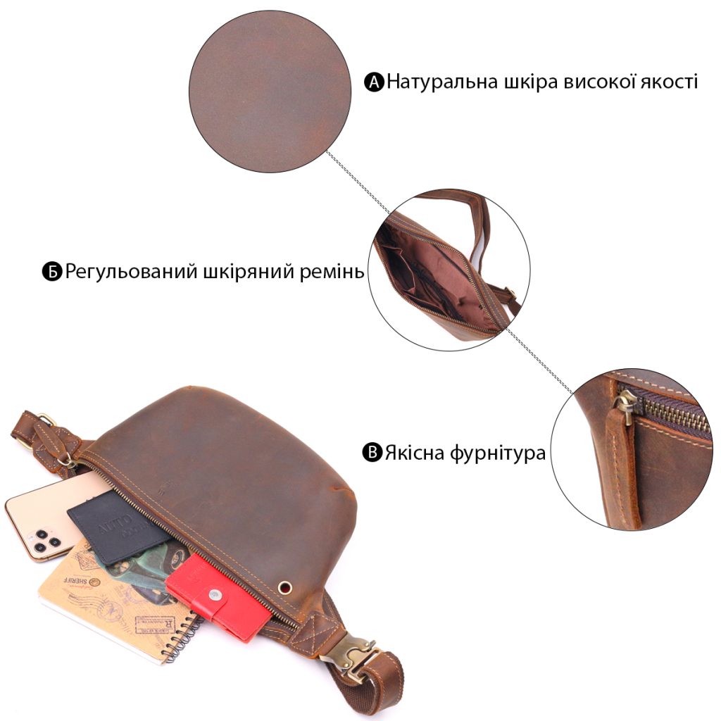 Сумка Vintage Вінтажна поясна з натуральної шкіри Коричнева (21294) - зображення 5