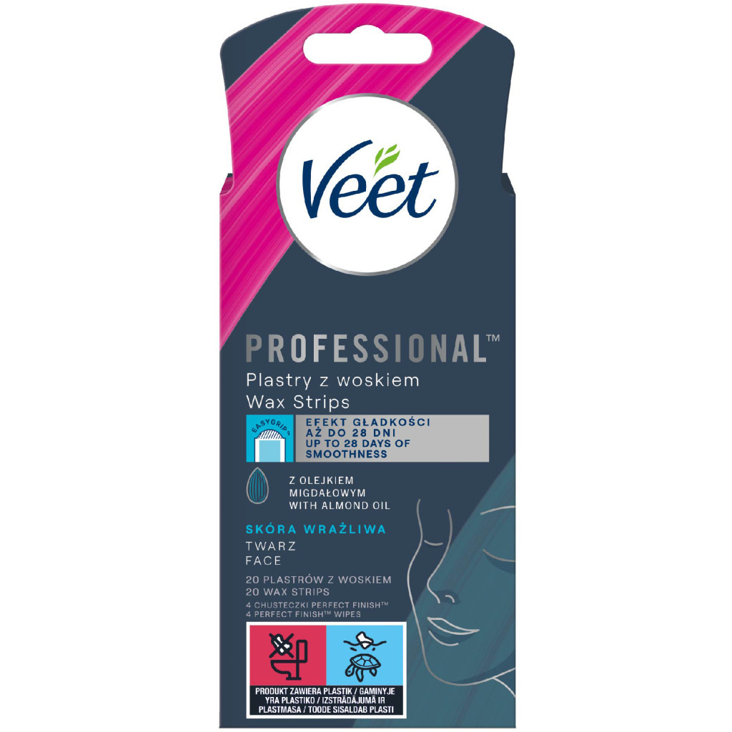 Воскові смужки Veet Professional для чутливої шкіри обличчя з Олією мигдалю 20 шт. (5900627074253) - изображение 1