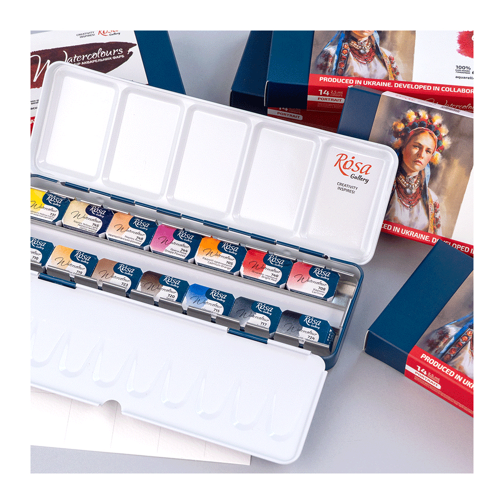Акварельні фарби Rosa Gallery Portrait, в металевому пеналі, 14 кол., кювета (4823098539766) - изображение 3