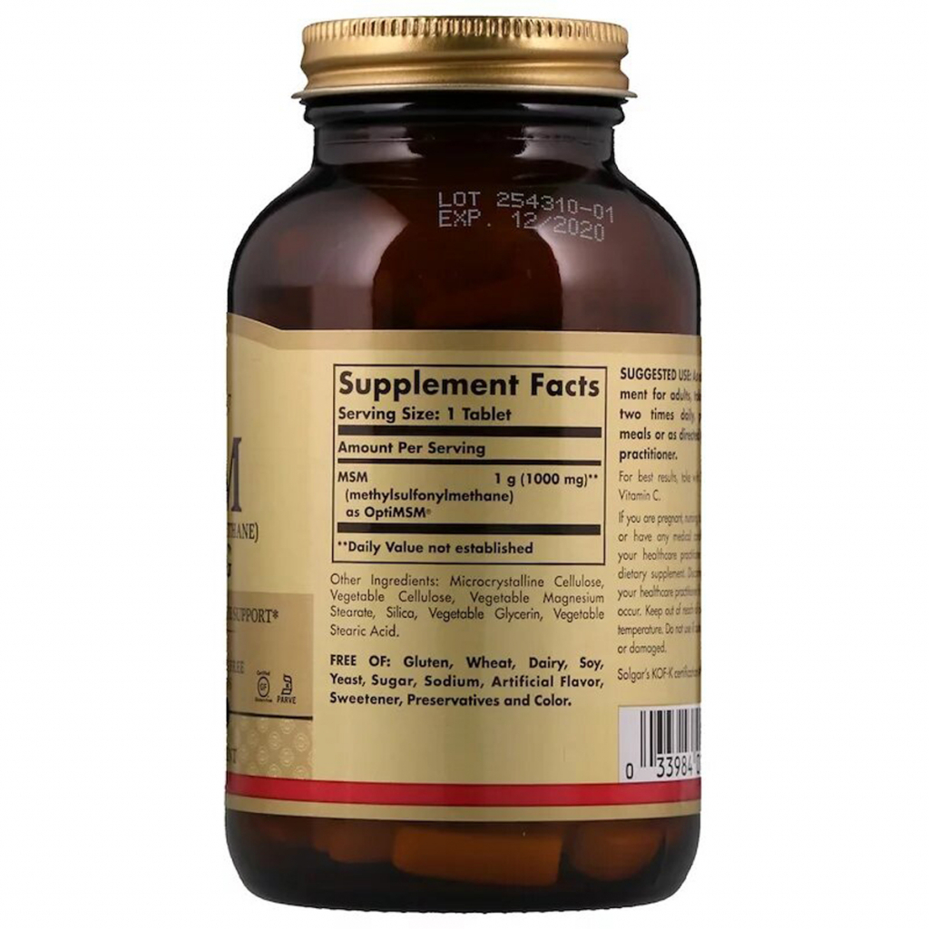 Мінерали Solgar Сірка, MSM (Methylsulfonylmethane), 1000 мг, 120 таблеток (SOL-01734) - зображення 2