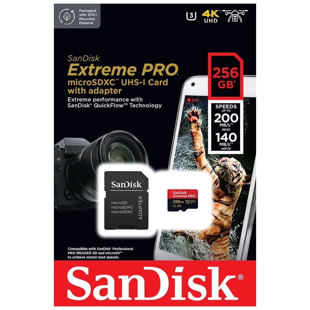 Карта пам'яті SanDisk 256 GB microSDXC UHS-I U3 Extreme Pro+SD Adapter (SDSQXCD-256G-GN6MA) - изображение 5