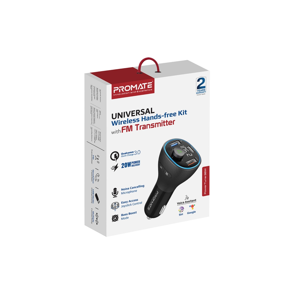 FM модулятор Promate PowerTune 38w USB-A OTG/USB-A QC3.0/USB-C PD Black (powertune-38w.black) - зображення 2