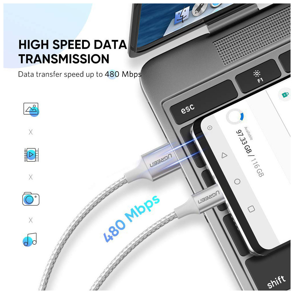 Дата кабель USB 2.0 AM to USB-C 1.5m 3.0A 18W US288 White Ugreen (60132) - зображення 2