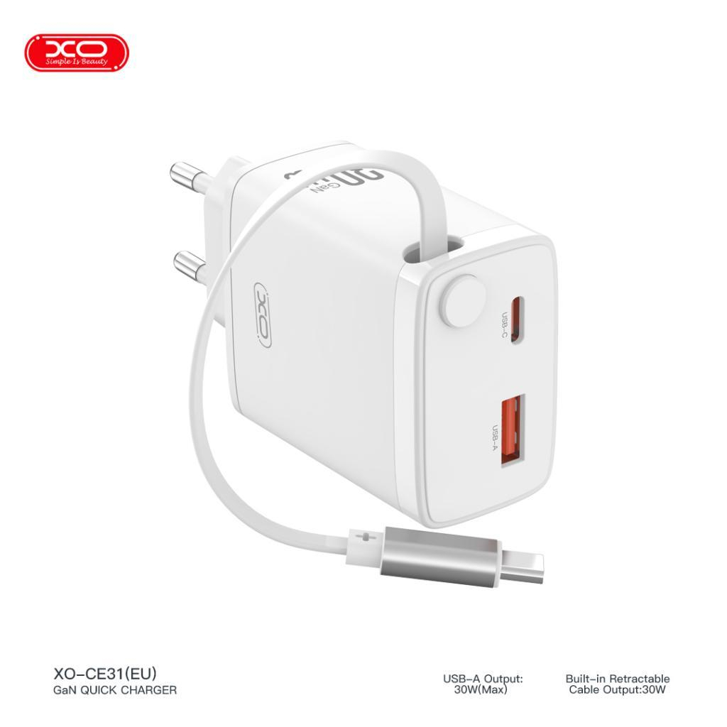 Зарядний пристрій XO 1xUSB-C + 1xUSB QC30W GaN + cable USB-C to USB-C white (XO-CE31) - зображення 4