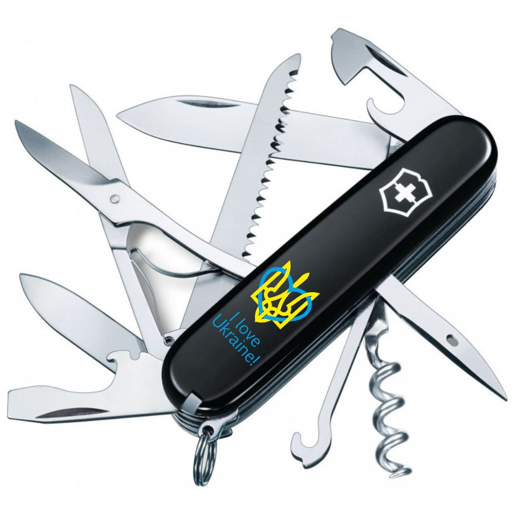 Ніж Victorinox Huntsman Ukraine 91 мм Чорний Тризуб із серцем + I love Ukraine (1.3713.3_T1310u) - зображення 1