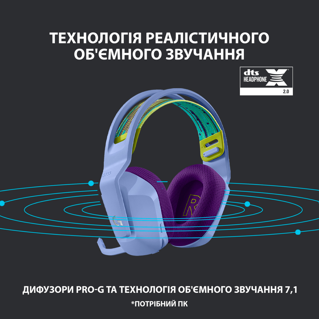 Навушники Logitech G733 Lightspeed Wireless RGB Gaming Headset Lilac (981-000890) - зображення 10