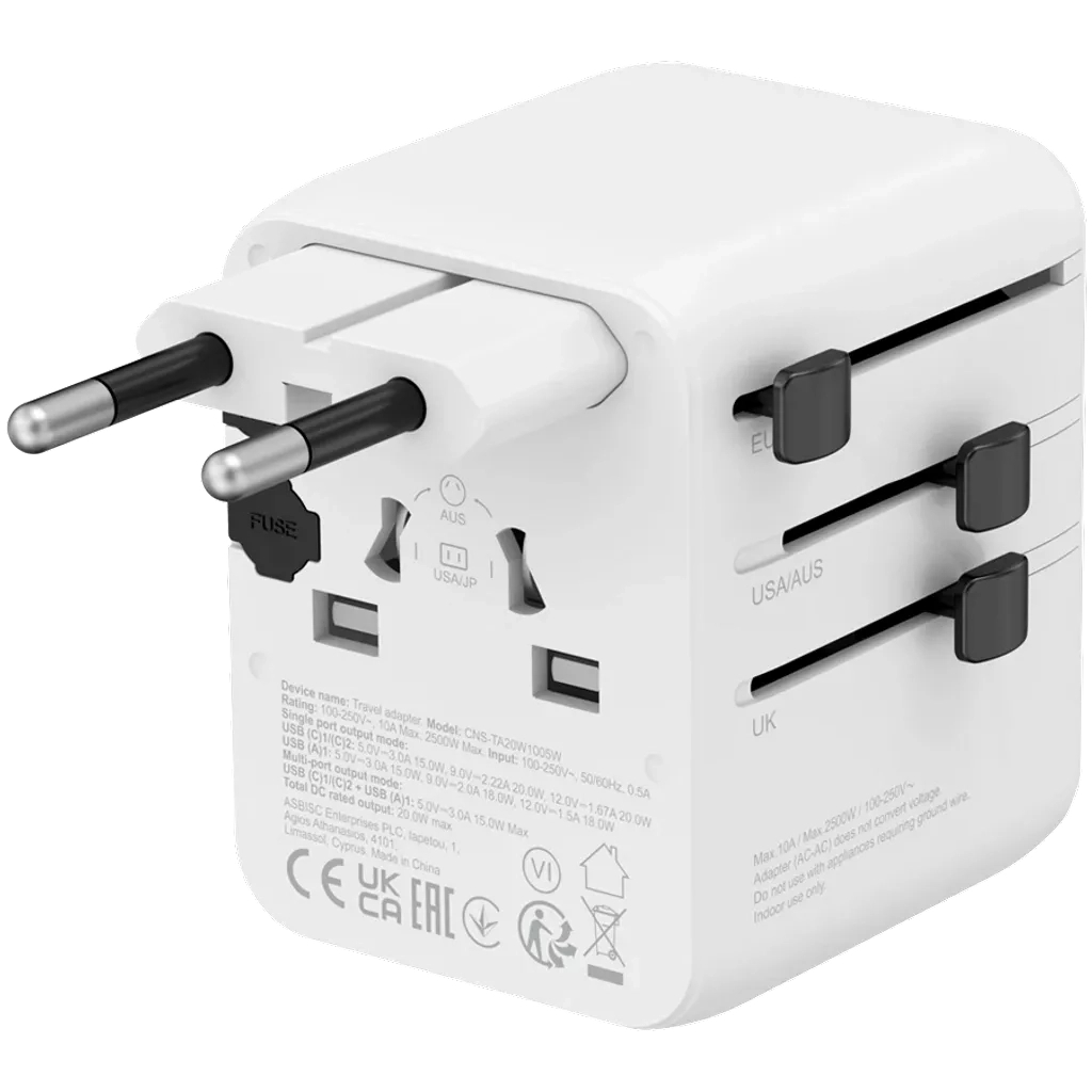 Зарядний пристрій Canyon OnTour 20 2xUCB-C + USB-A EU/UK/US/AUS 20W White (CNS-TA20W1005W) - зображення 2