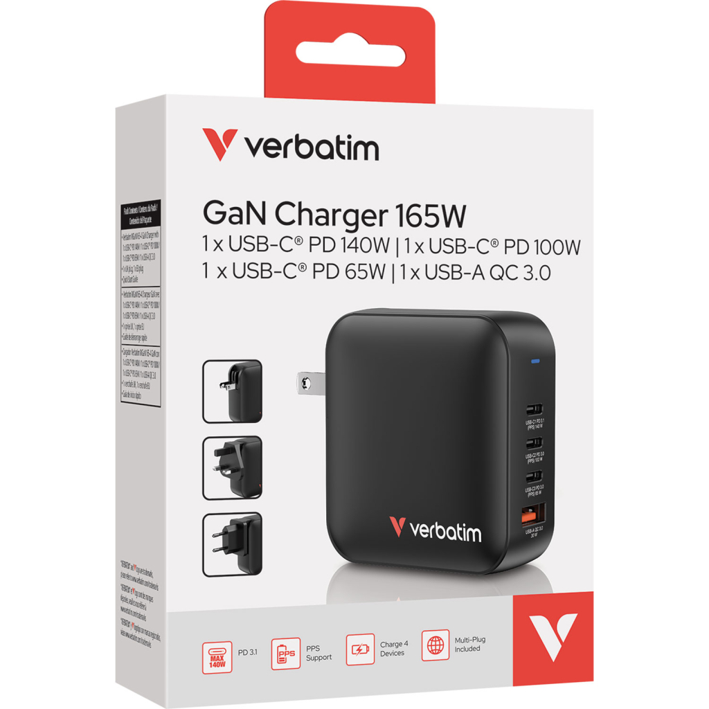 Зарядний пристрій Verbatim MiniGaN 165 W 4 ports (3xUSB-C/1xUSB-A) (32216) - зображення 4
