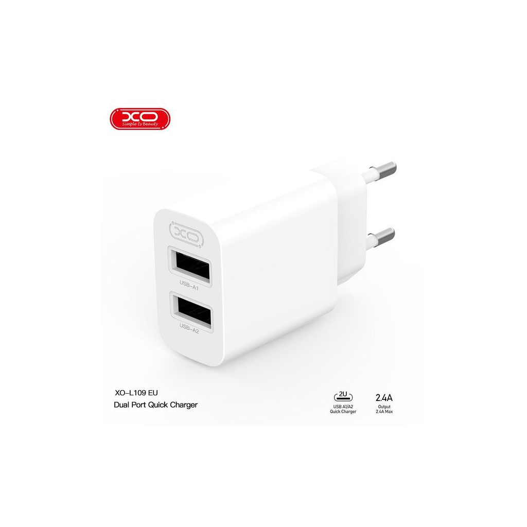 Зарядний пристрій XO L109 12W (2USB/2.4A) + USB - MicroUSB White (XO-L109-M) - зображення 2