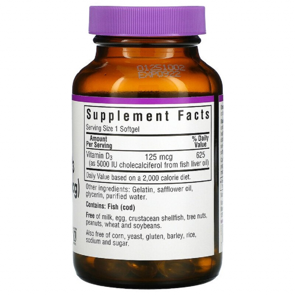 Вітамін Bluebonnet Nutrition Вітамін D3 5000IU (125 мкг), Vitamin D3, 100 желатинових кап (BLB-00321) - зображення 2