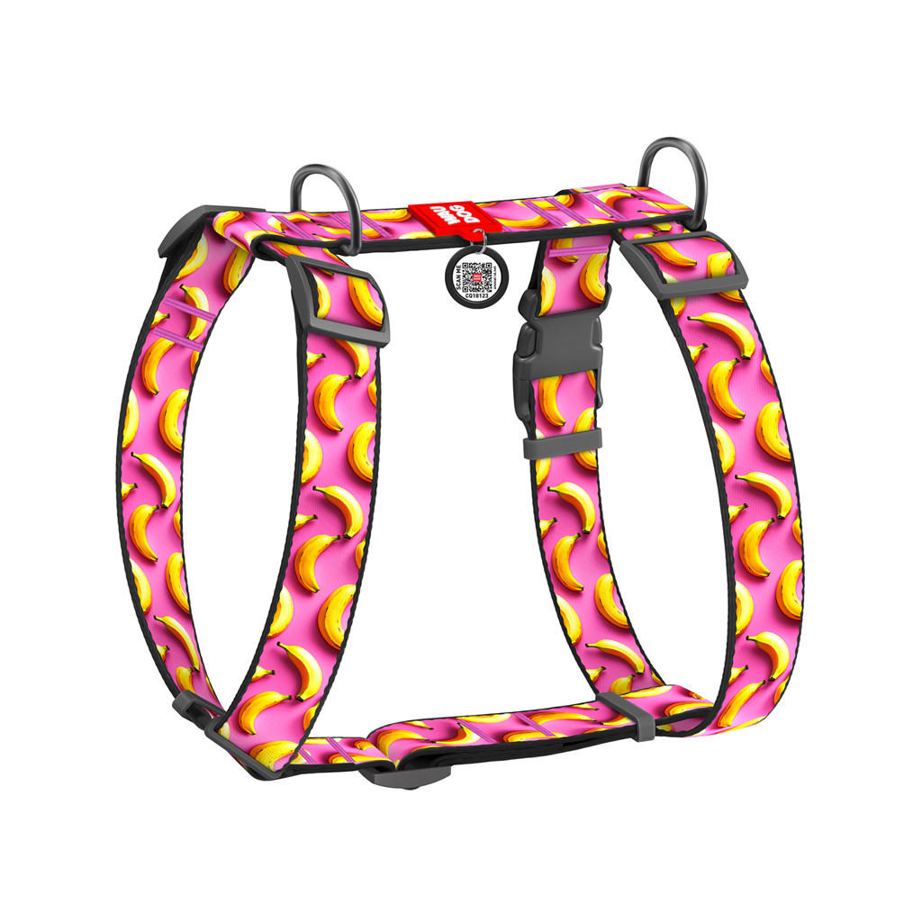 Шлея для собак WAUDOG Nylon з QR-паспортом анатомічна H-подібна "Банани на рожевому" пластиковий фастекс L (322-4055) - зображення 1