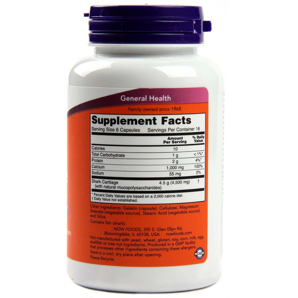 Вітамінно-мінеральний комплекс Now Foods Акулій Хрящ 750 мг, Shark Cartilage, 100 капсул (NF3270) - зображення 2