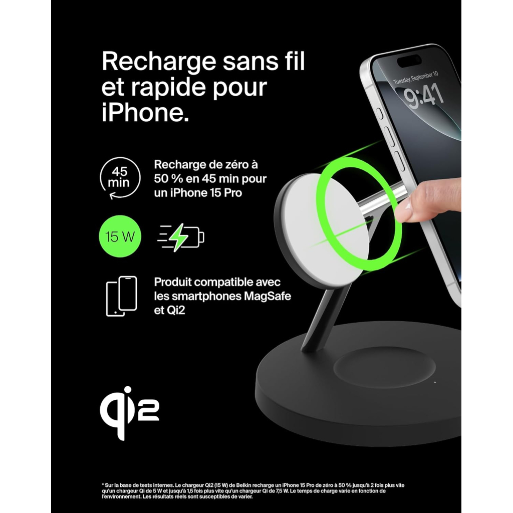 Зарядний пристрій Belkin 3in1 Magnetic Pad Qi2 15W Black (WIZ032KQBK) - зображення 3