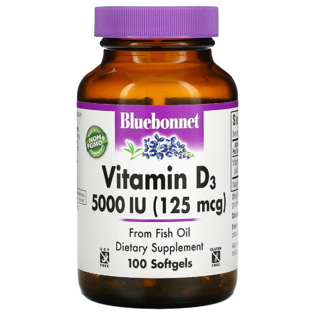 Вітамін Bluebonnet Nutrition Вітамін D3 5000IU (125 мкг), Vitamin D3, 100 желатинових кап (BLB-00321) - зображення 1