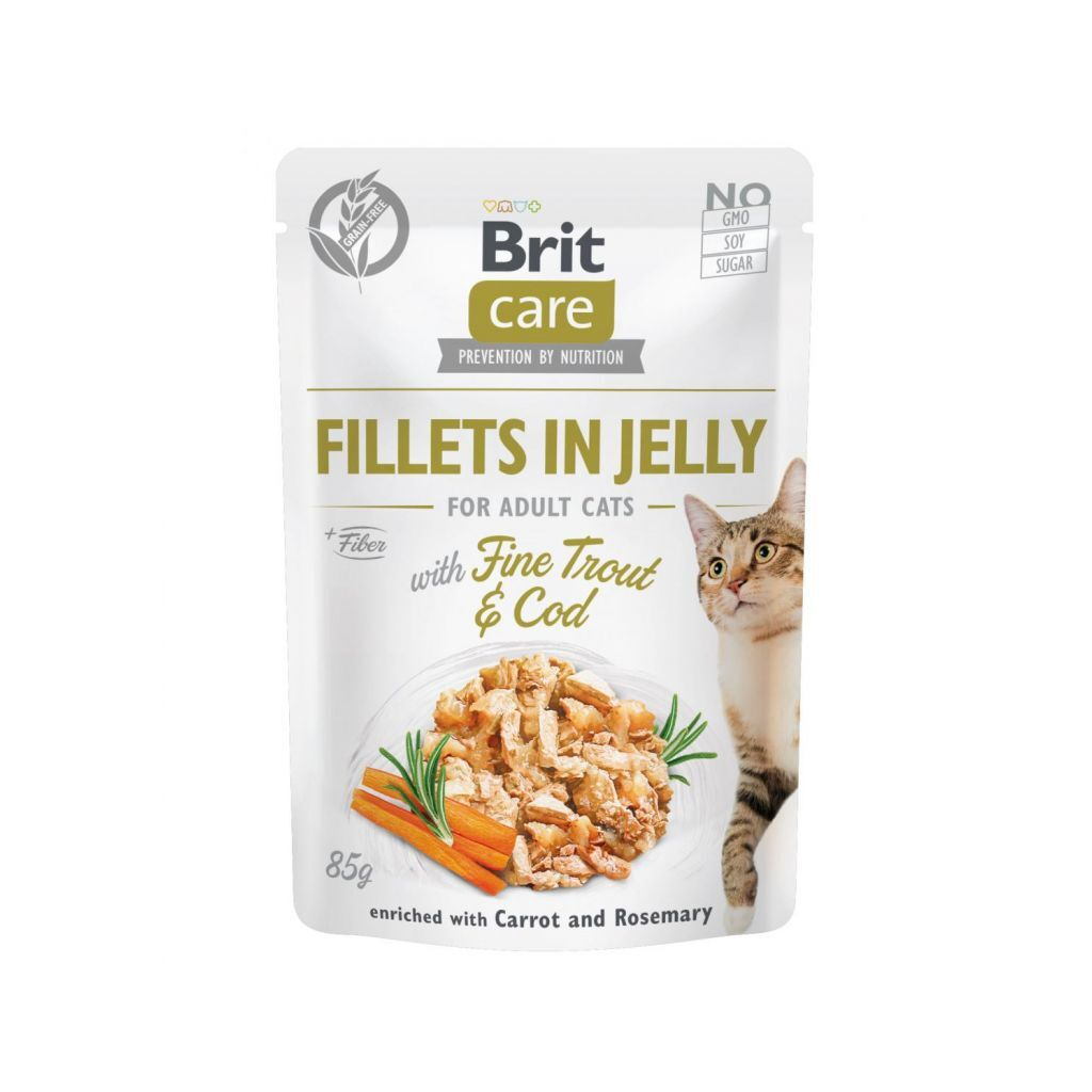 Вологий корм для кішок Brit Care Cat pouch 85 г (тріска та форель у желе) (8595602540587) - зображення 1
