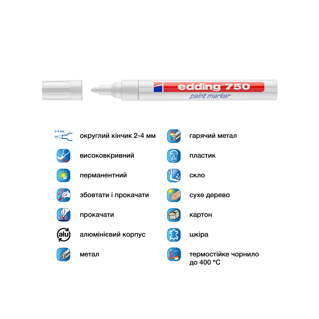 Маркер Edding Paint 2-4 мм круглий білий (e-750/49) - зображення 4