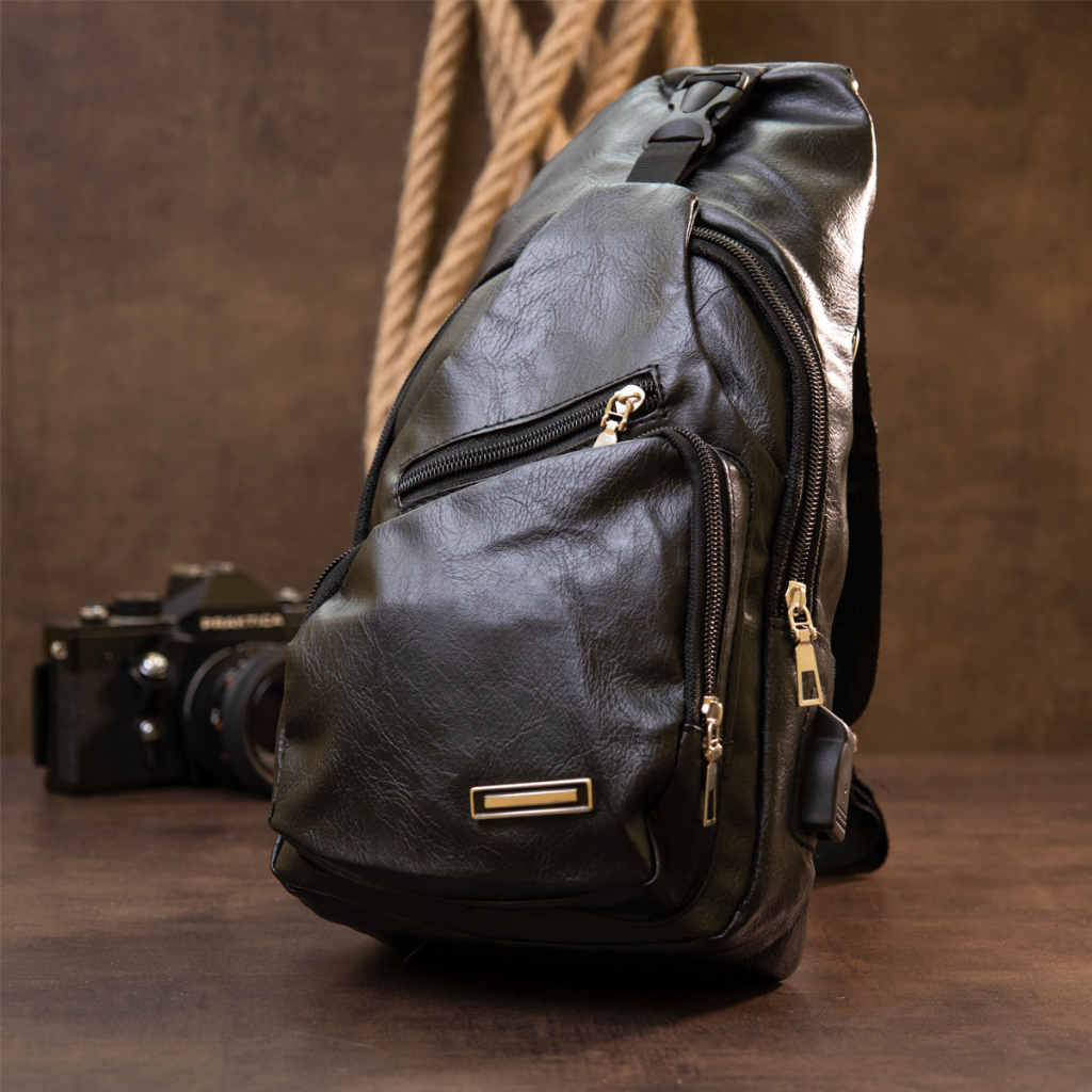 Сумка Vintage Крос боді з емблемою зі шкірозамінника Чорна (20568) - зображення 7