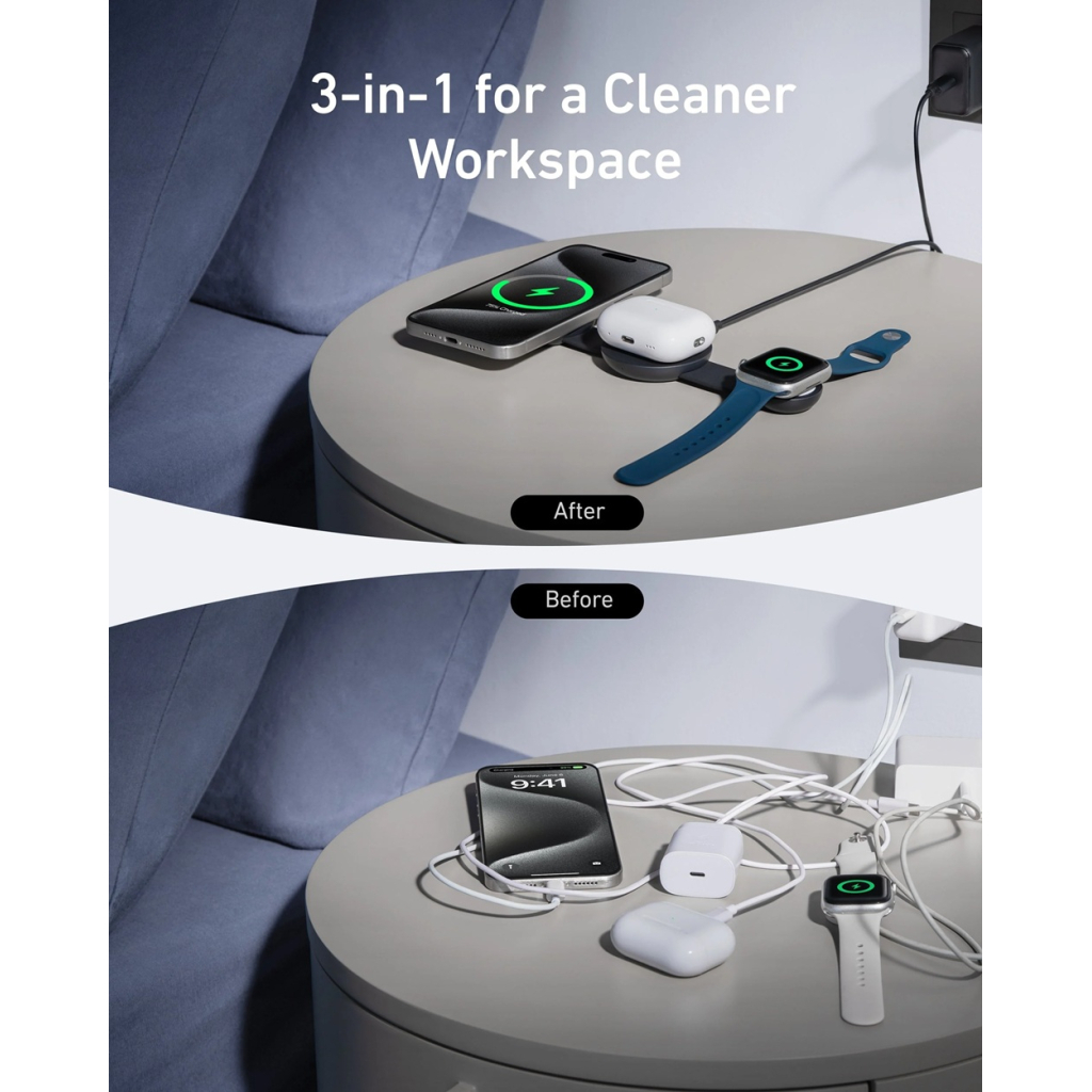 Зарядний пристрій Anker MagGo Wireless Charging Pad 15W 3-in-1 Foldable Black (B25M8H11) - зображення 2