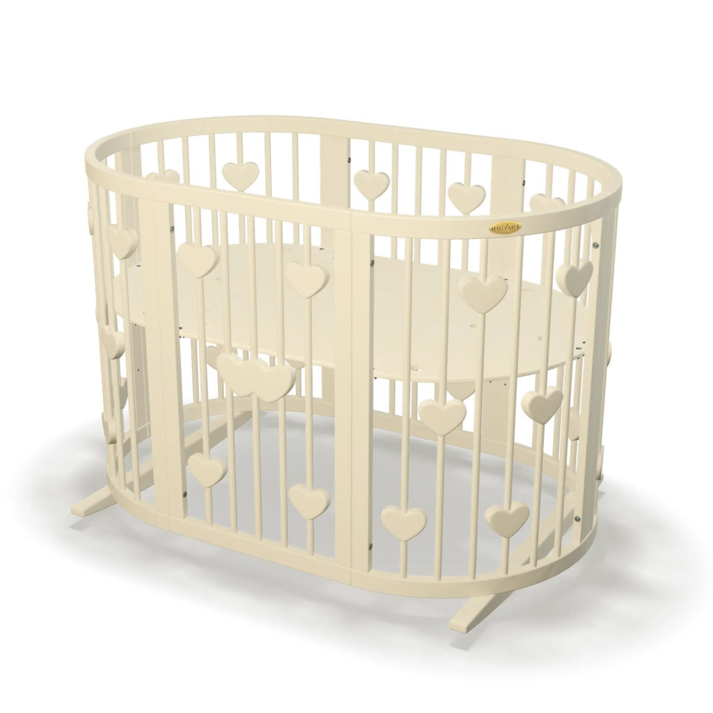 Ліжечко Ingvart трансформер Smart Bed Oval (60х72, 60х120, 60х168 см) слонова кістка з декором "Серця" (1241015) - зображення 1