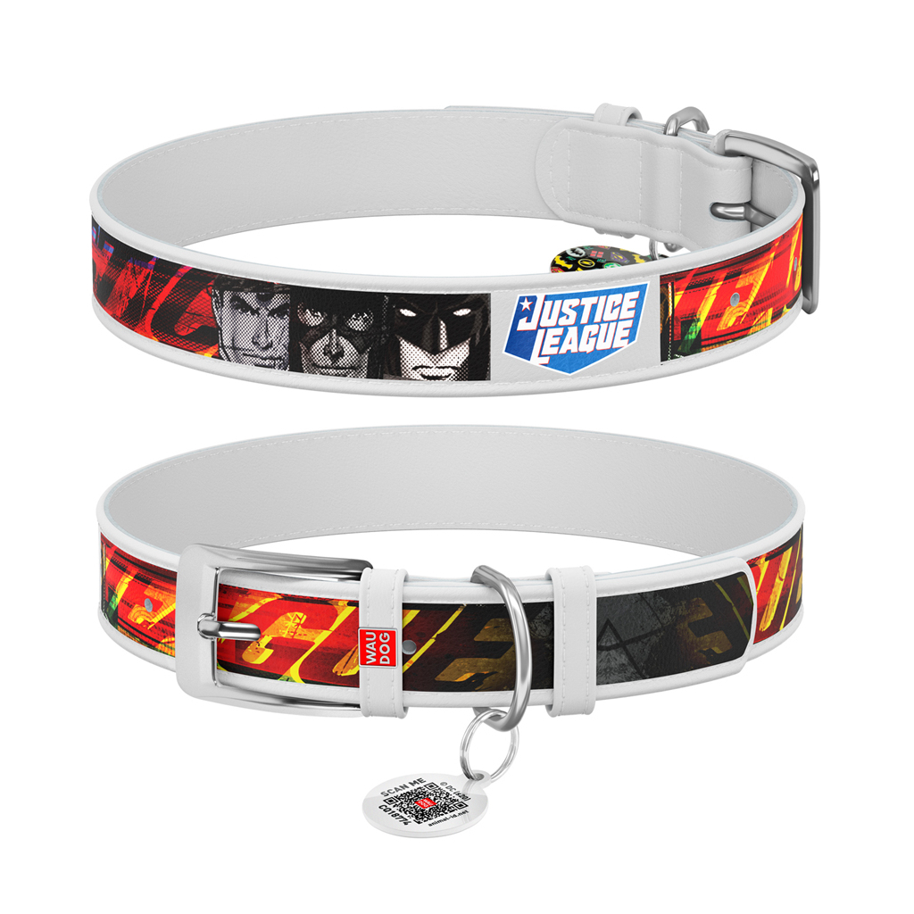 Нашийник для тварин WAUDOG Design з QR паспортом "Ліга справедливості" Ш 15 мм Д 26-35 см білий (0015-1010-15) - зображення 1