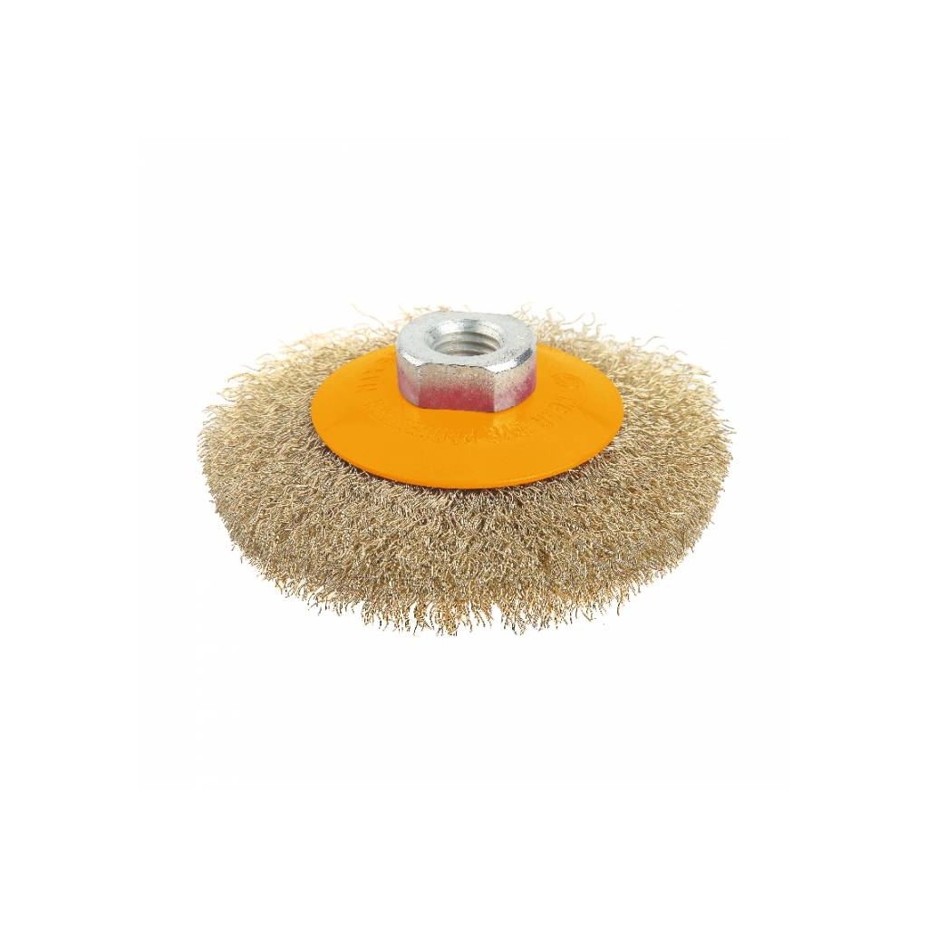 Щітка для електроінструменту Tolsen конічна 100 мм М14, гофрований латунований дріт 0.3 мм (77627) - зображення 1