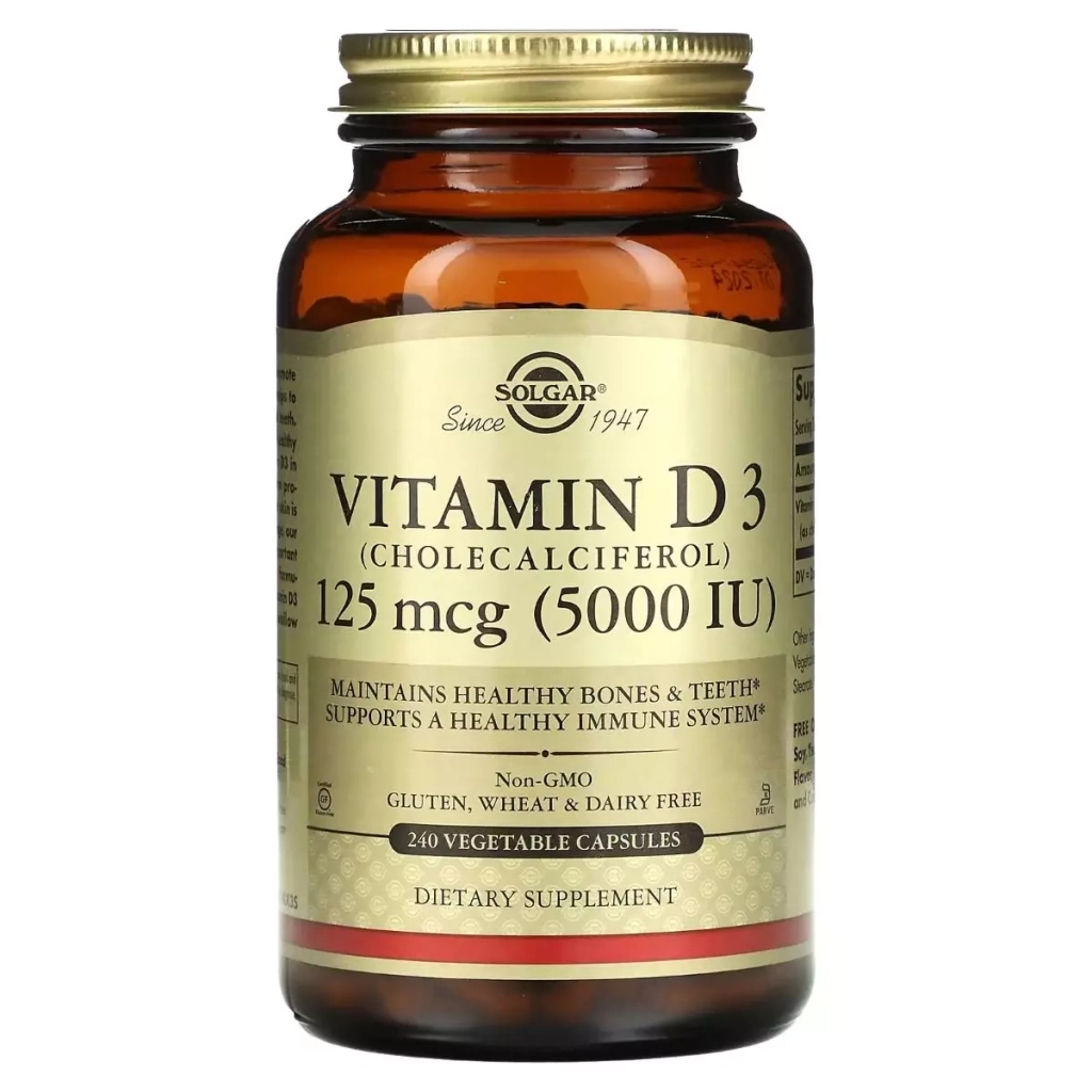 Вітамін Solgar Вітамін D3, 125 мкг (5000 МО), Vitamin D3 (Cholecalciferol), 240 вегетаріанс (SOL-03314) - зображення 1