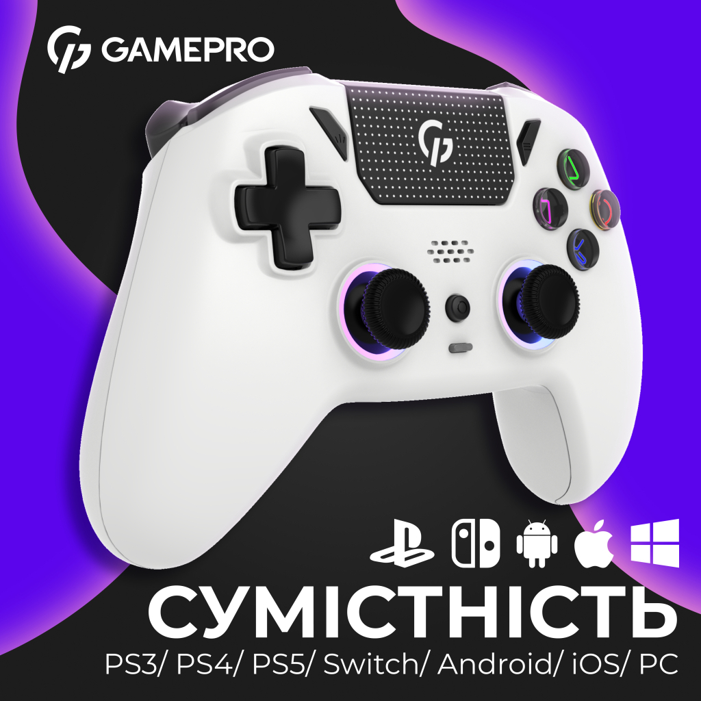 Геймпад GamePro із зарядною станцією 2.4G/BT 5.1/USB (Switch/PC/PS/iOS/Android) RGB White (GPS20W) - зображення 5