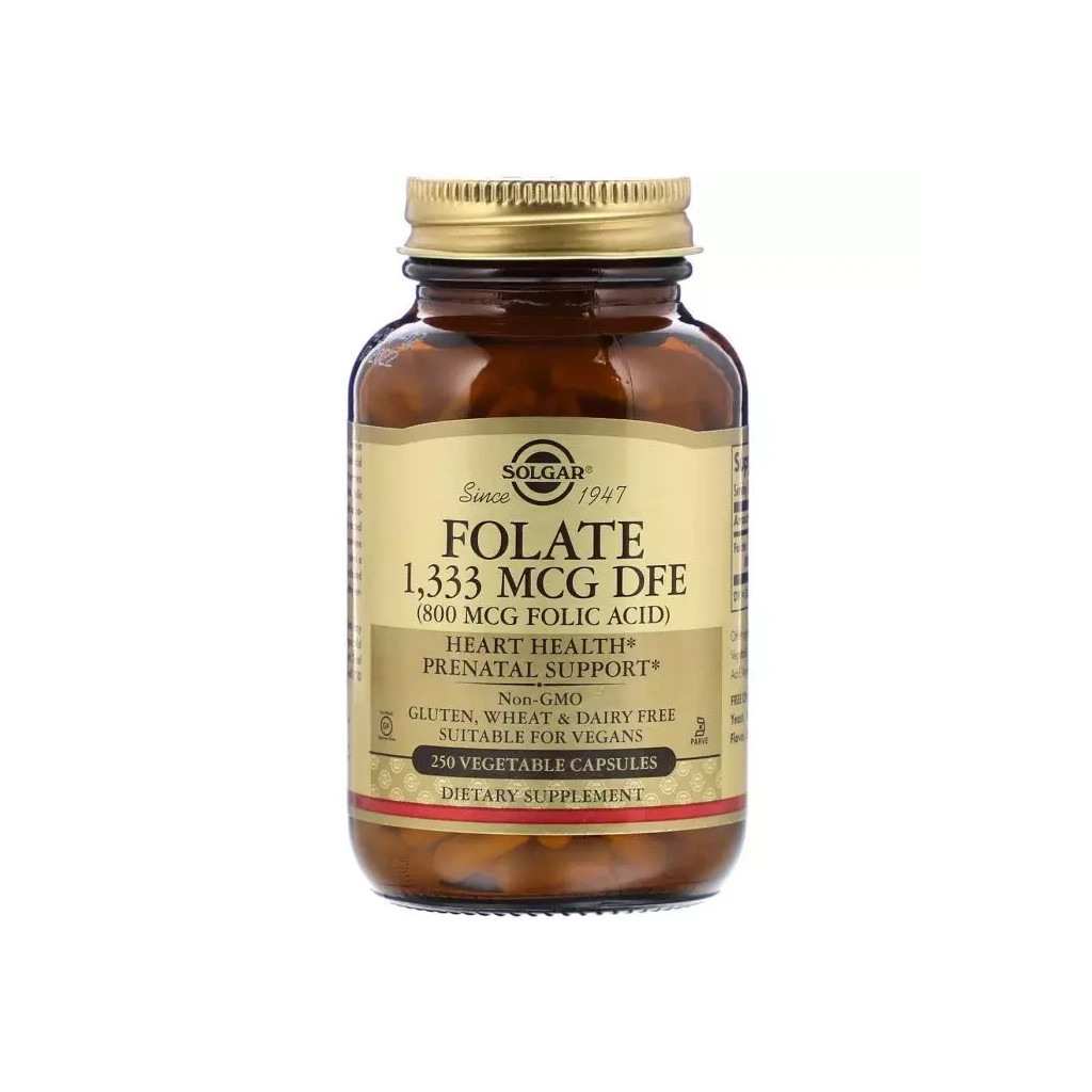 Вітамін Solgar Фолієва Кислота (В9), Folic Acid, 800 мкг, 250 рослинних капсул (SOL-01092) - зображення 1