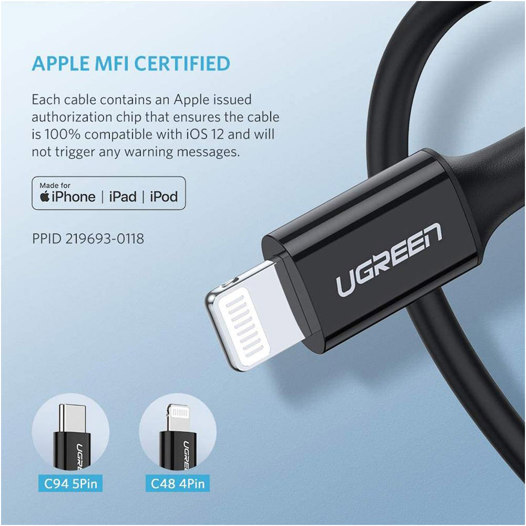 Дата кабель USB-C to Lightning 1.0m US1713A Nickel Plating ABS Shell Black Ugreen (60751) - зображення 3