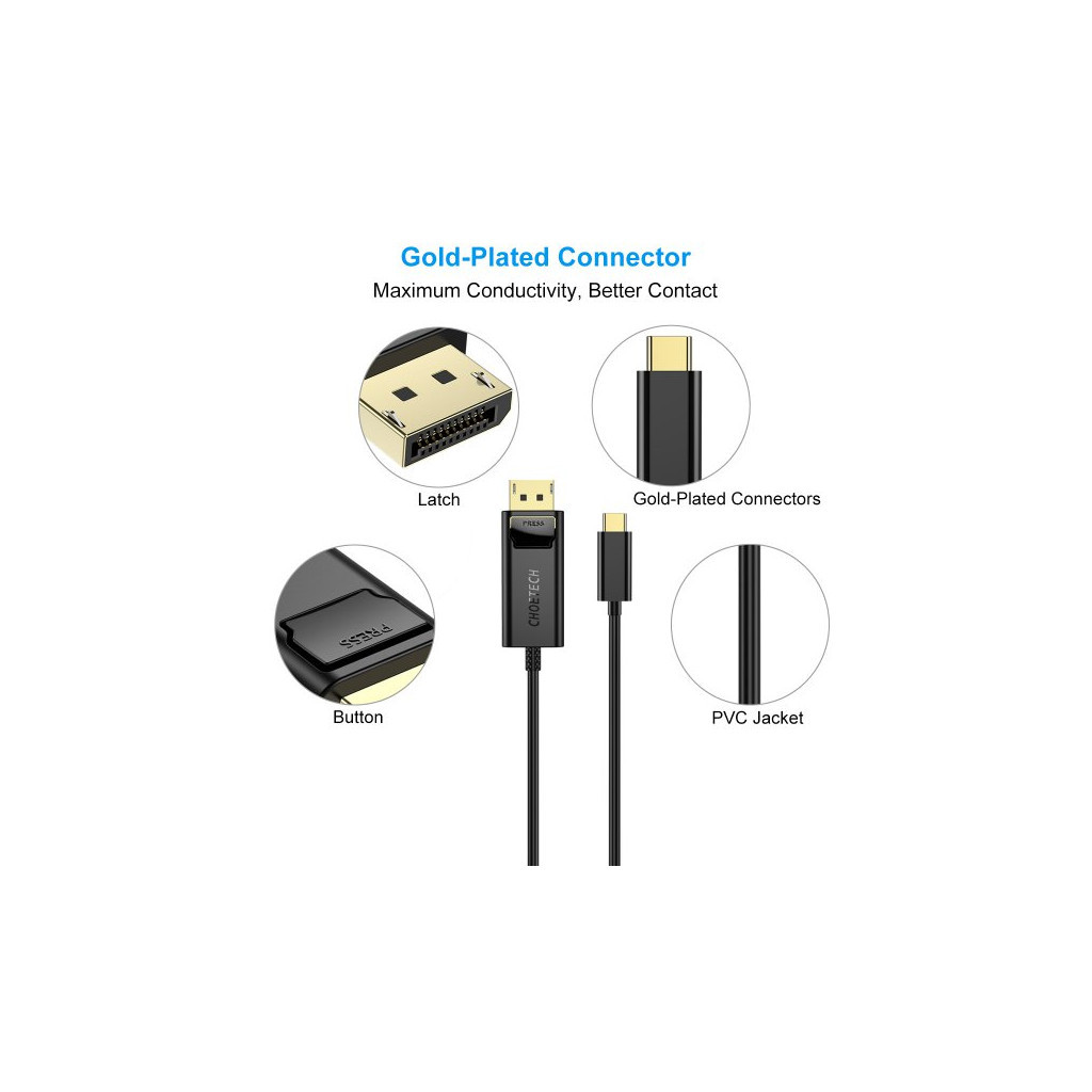 Кабель мультимедійний USB-C to DisplayPort 1.8m 4K 60Hz Choetech (XCP-1801BK) - изображение 4