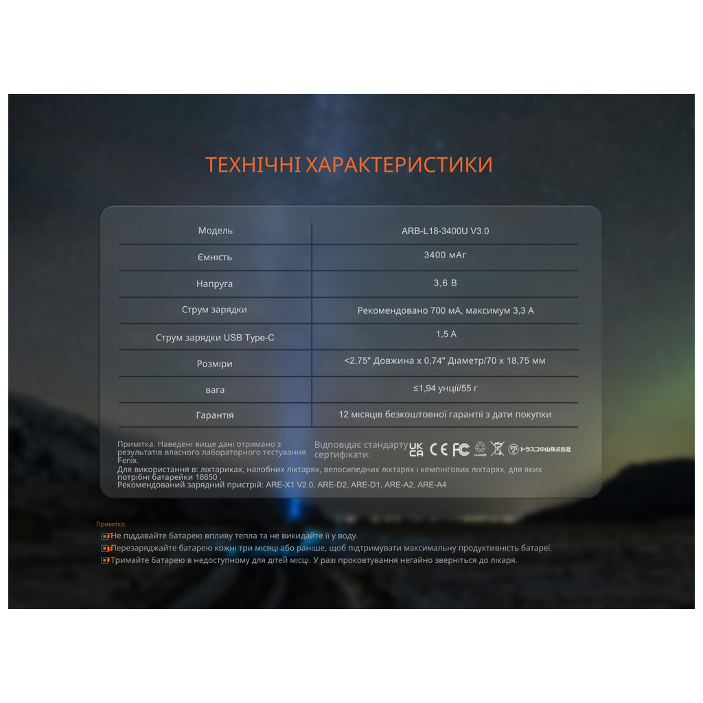 Акумулятор Fenix 18650 (3400 mAh) Type-C (ARB-L18-3400U-V30) - зображення 12
