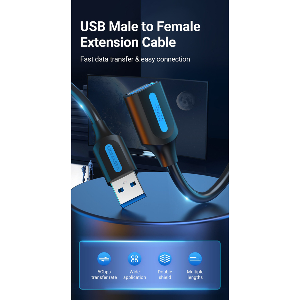 Дата кабель USB 3.0 AM/AF 1.5m black Vention (CBHBG) - зображення 6