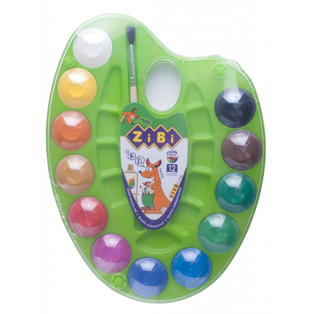 Акварельні фарби ZiBi KIDS Line на палітрі, 12 кол. натур. пензель лайм (ZB.6558-15) - зображення 1