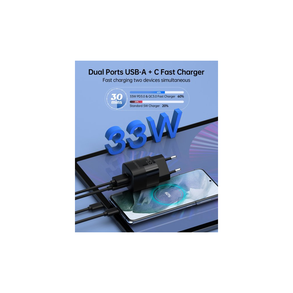 Зарядний пристрій Choetech GaN USB-A/USB-C 33W QC3.0/PD/PPS (PD5006-EU-BK) - зображення 3