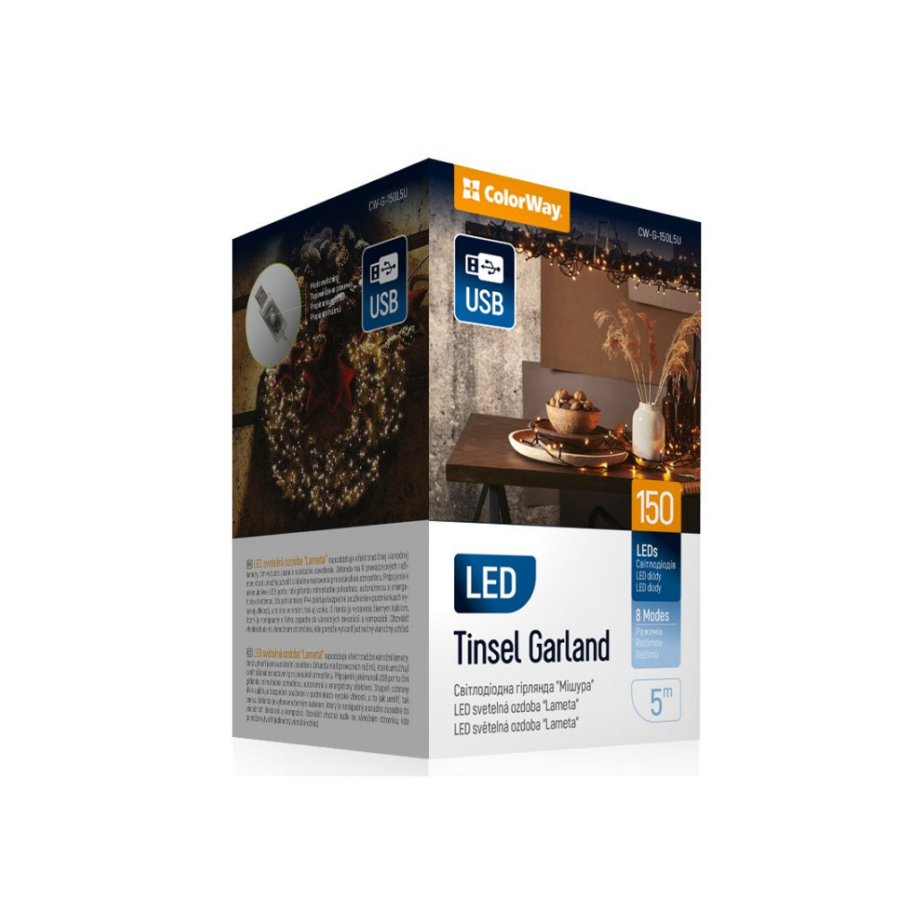 Гірлянда ColorWay Мішура LED 150 5 м 8 функцій теплий колір USB (CW-G-150L5U) - зображення 1