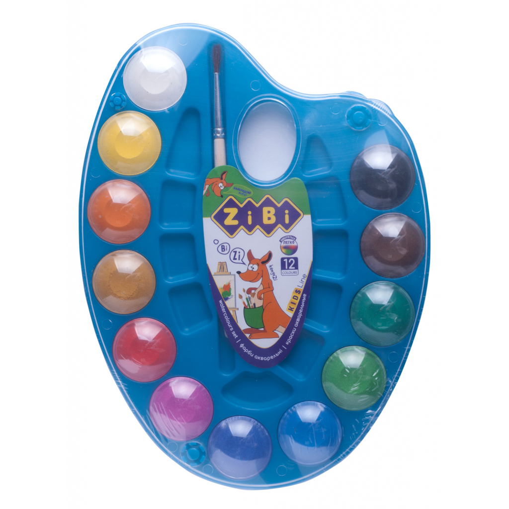 Акварельні фарби ZiBi KIDS Line на палітрі, 12 кол. натур. пензель сині (ZB.6558-02) - зображення 1