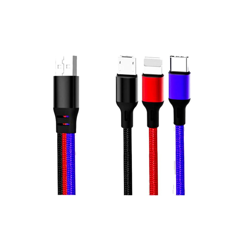 Дата кабель USB 2.0 AM to Lightning + Micro 5P + USB-C 1.2m black red blue XO (XO-NB143-3in1) - зображення 1