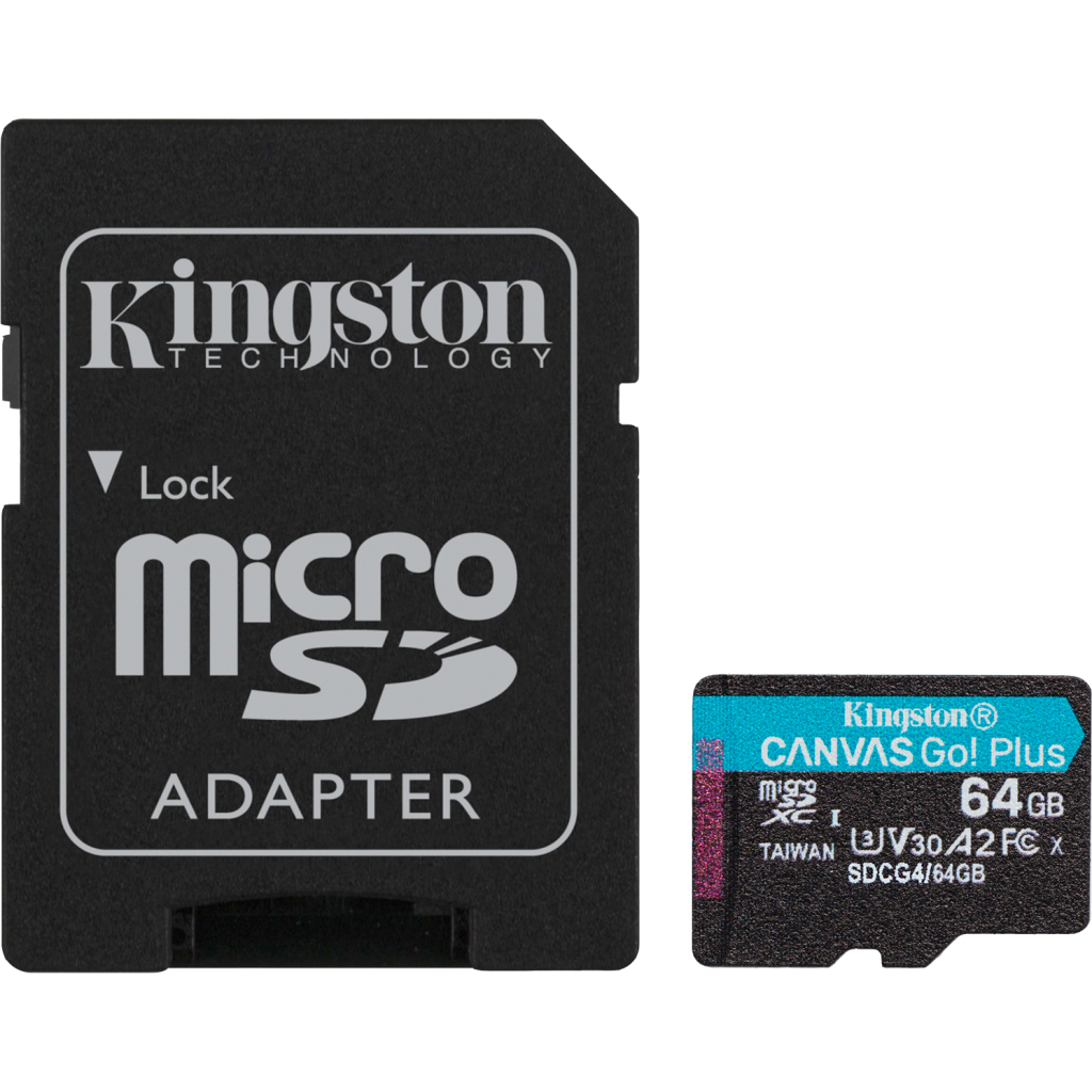 Карта пам'яті Kingston 64GB microSDXC сlass 10 UHS-I U3 V30 A2 Canvas Go Plus G4 (SDCG4/64GB) - изображение 1