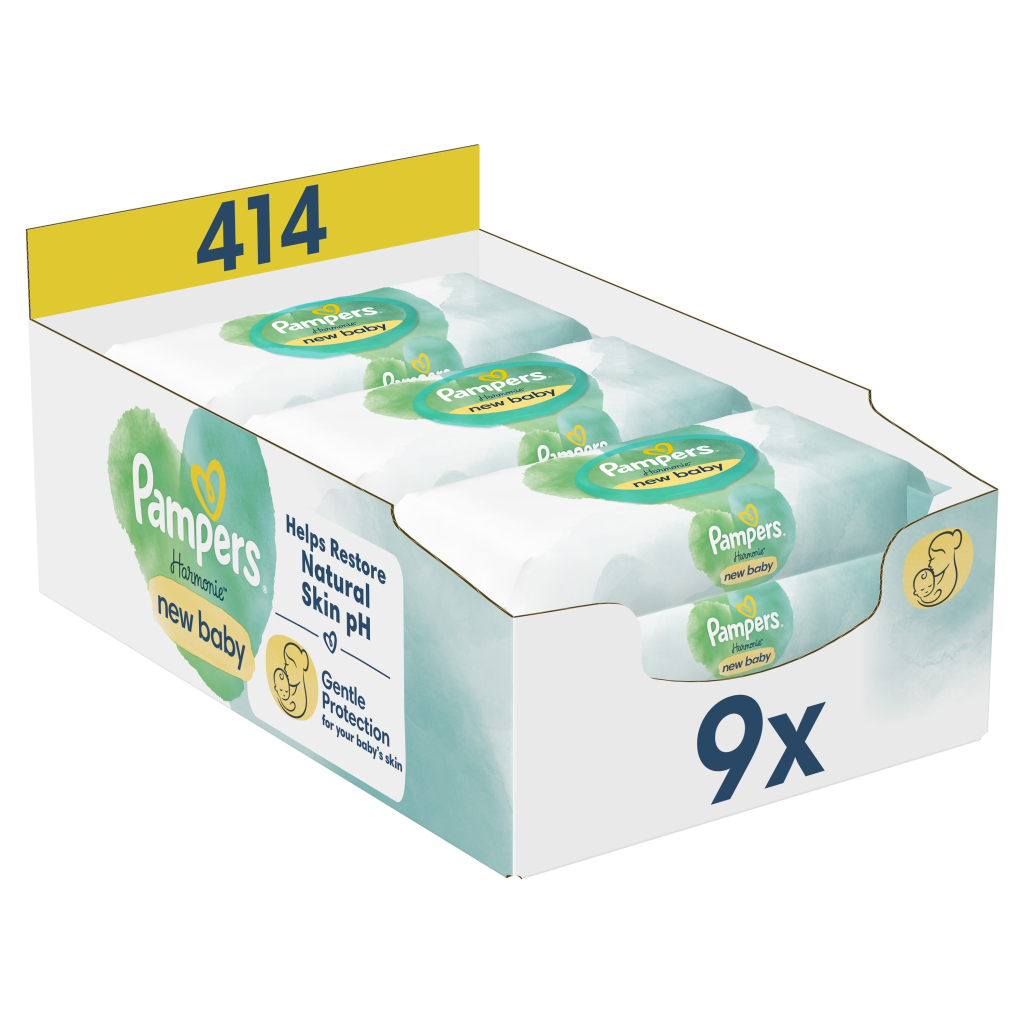 Дитячі вологі серветки Pampers Harmonie New baby 9 пачок х 46 шт (8700216026253) - зображення 1
