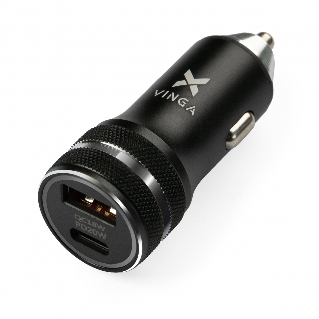 Зарядний пристрій Vinga QC3.0 + PD Quick Car Charger aluminium 36W Max black (VCCQPAC) - зображення 1