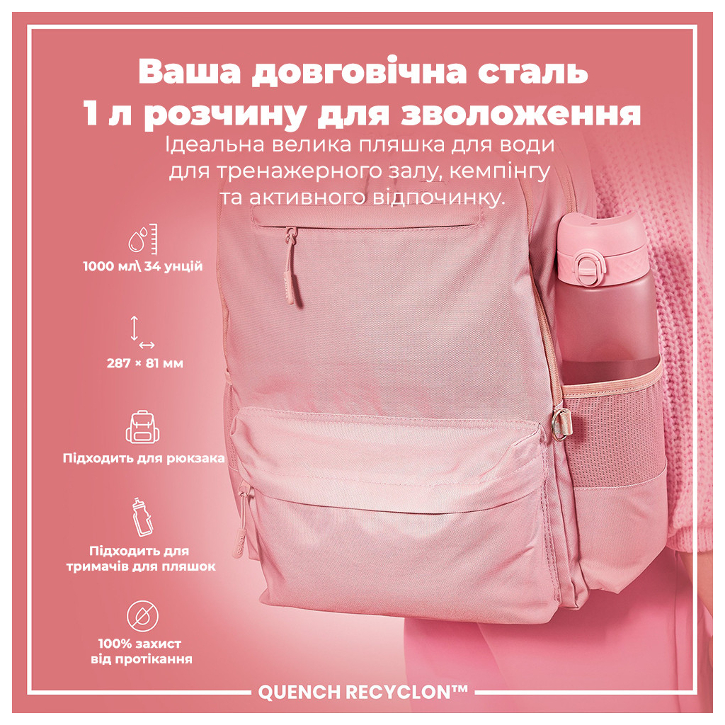 Пляшка для води ION8 OneTouch 1000 мл BPA Free, Rose Quartz (I8RF1000ROS) - зображення 5
