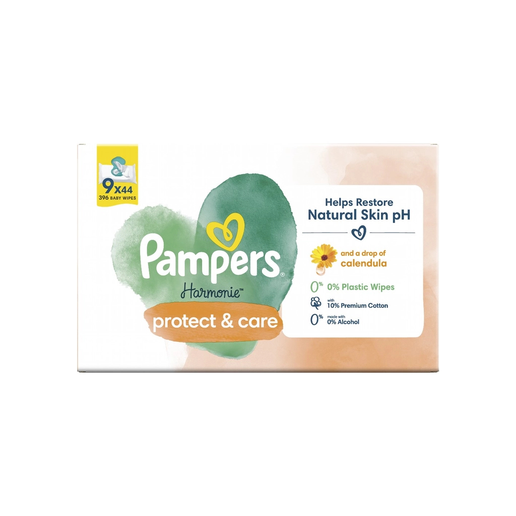 Дитячі вологі серветки Pampers Harmonie Protect&Care з календулою 9 пачок х 44 шт (8700216250559) - зображення 2