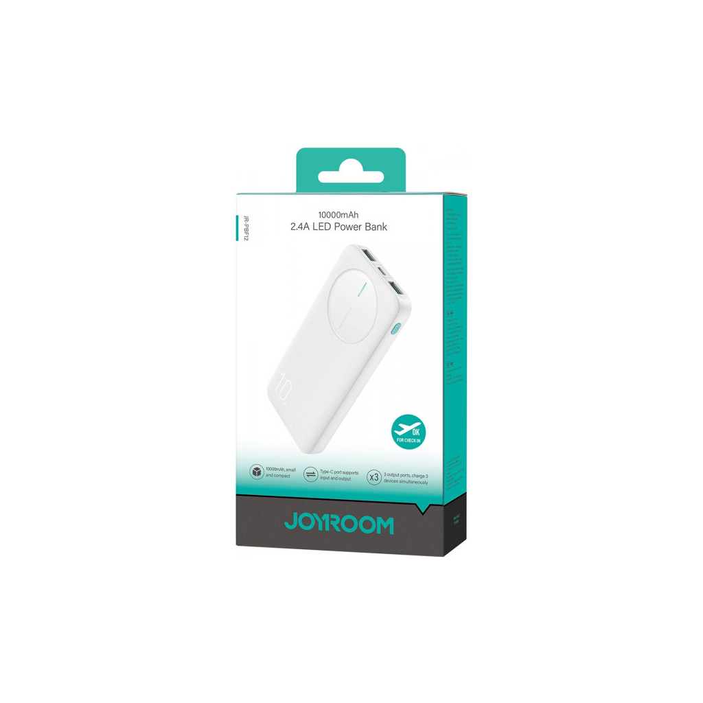 Батарея універсальна JOYROOM 10000mAh 12W QC, 2xUSB-A, USB-C In/Out White (JR-PBF12) - picture 7