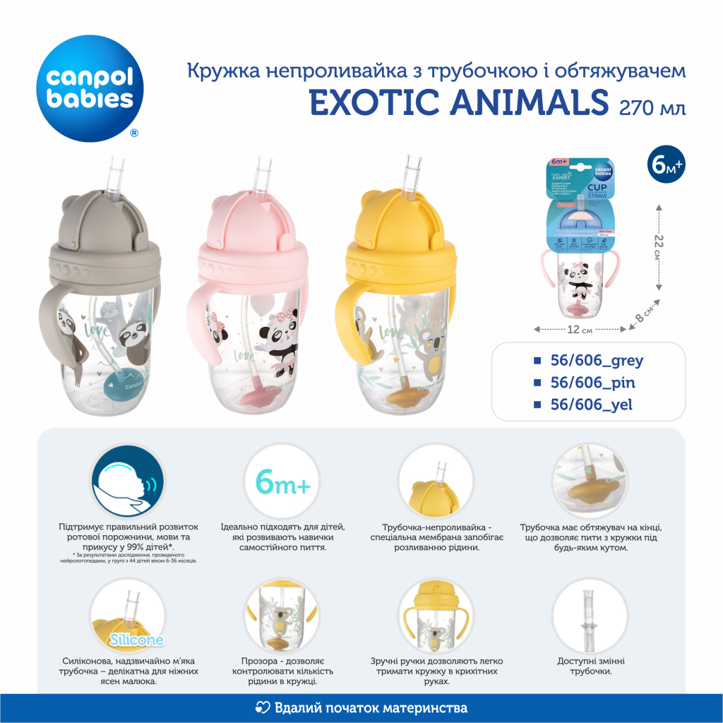 Поїльник-непроливайка Canpol babies Exotic Animals з трубочкою та обтяжувачем 270 мл Жовта (56/606_yel) - зображення 5