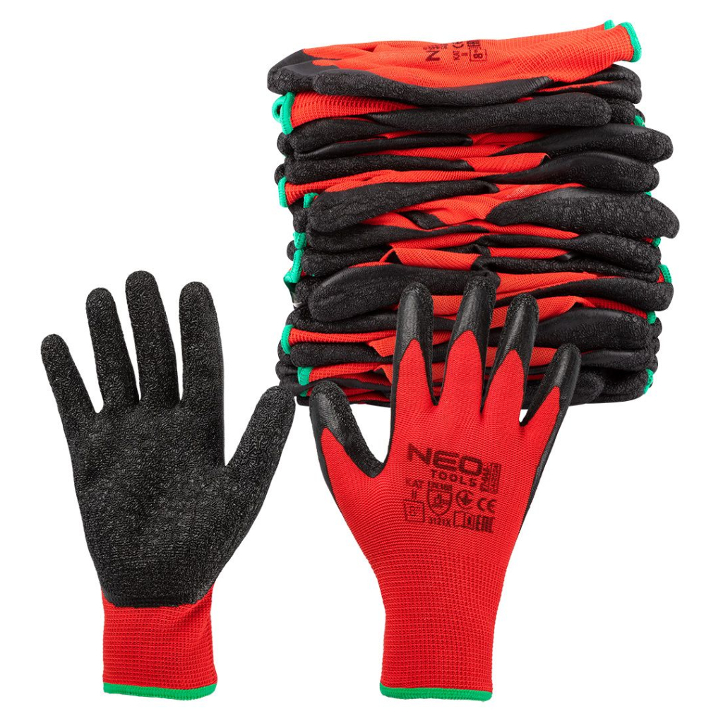 Захисні рукавиці Neo Tools комплект 12шт, поліестер з латексним покриттям, р.8, червоно-чорний (97-645-8) - изображение 8