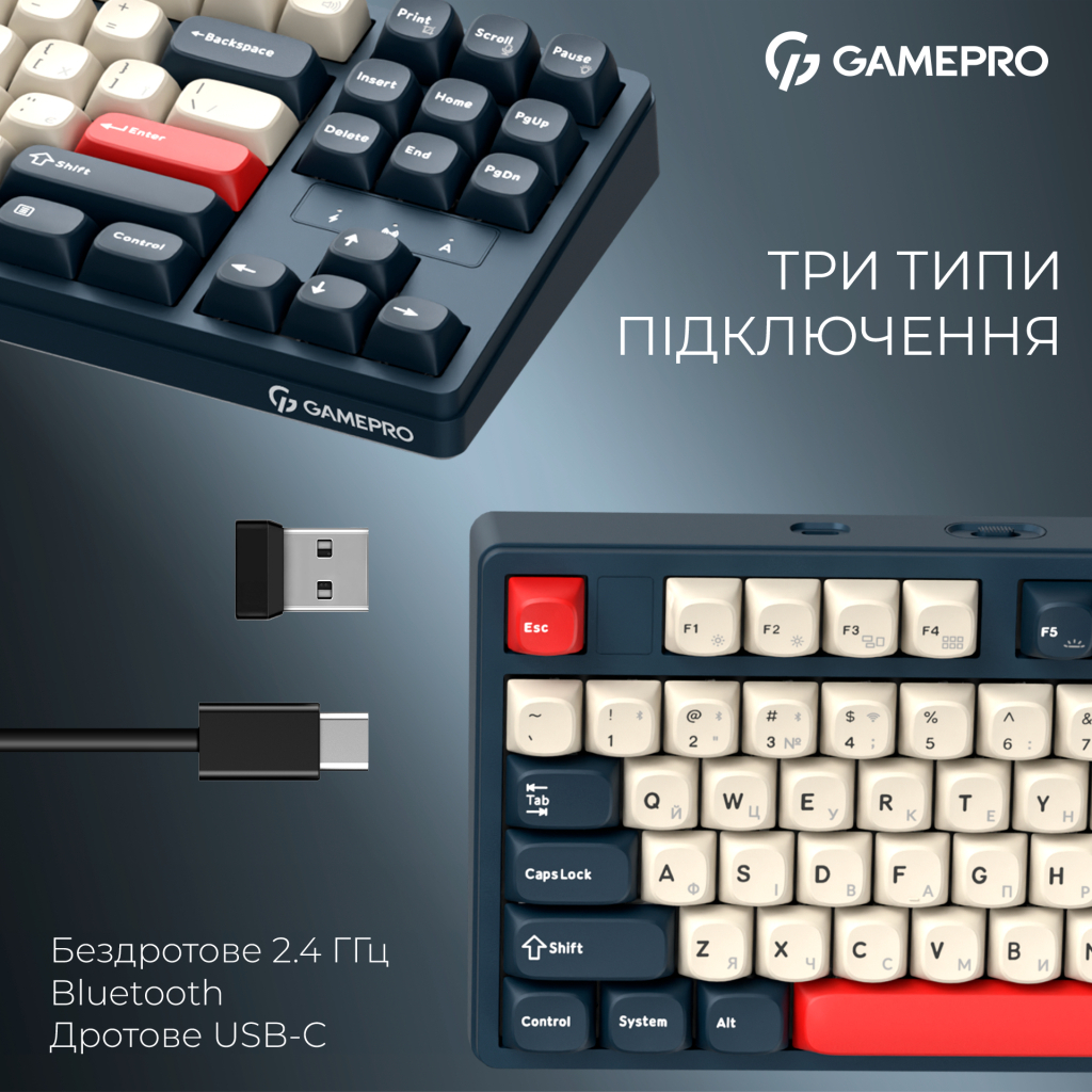 Клавіатура GamePro Asgard Ragnar Wireless/Bluetooth/USB UA Blue (MK285BL) - зображення 5