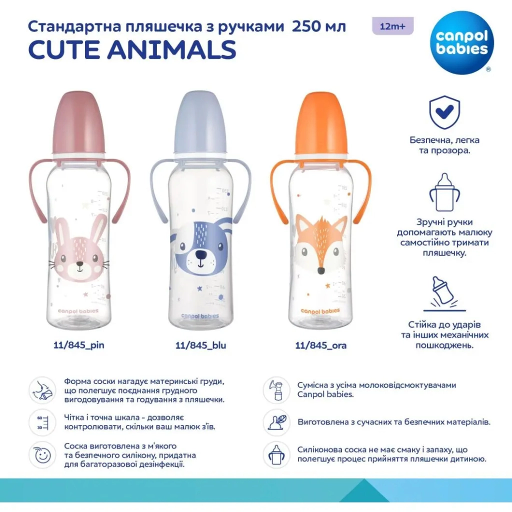 Пляшечка для годування Canpol babies CUTE ANIMALS стандартна з ручками 250 мл синя (11/845_blu) - зображення 4