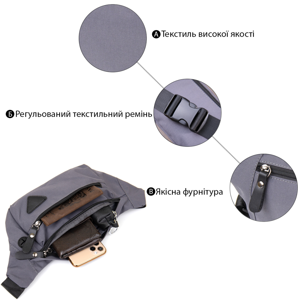 Сумка Vintage Бананка нейлон Сіра (20638) - зображення 4